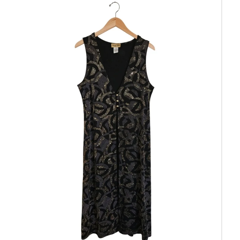 Vintage 90's Midnight Velvet Black & Gold Glitter Abstract Evening Duster Size L